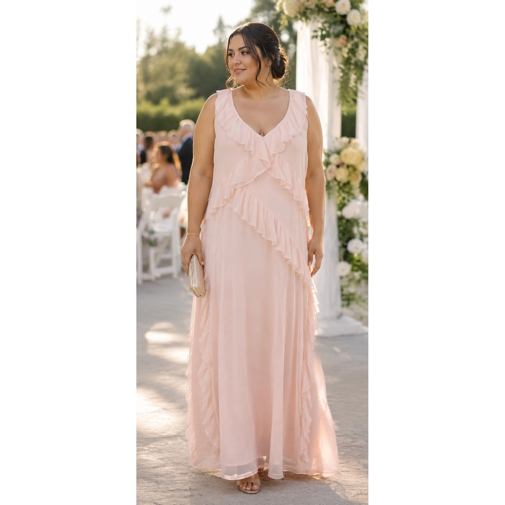 Glamorous Pink Ruffle Maxi Dress Sheer Layer Romantic Cottagecore Boho